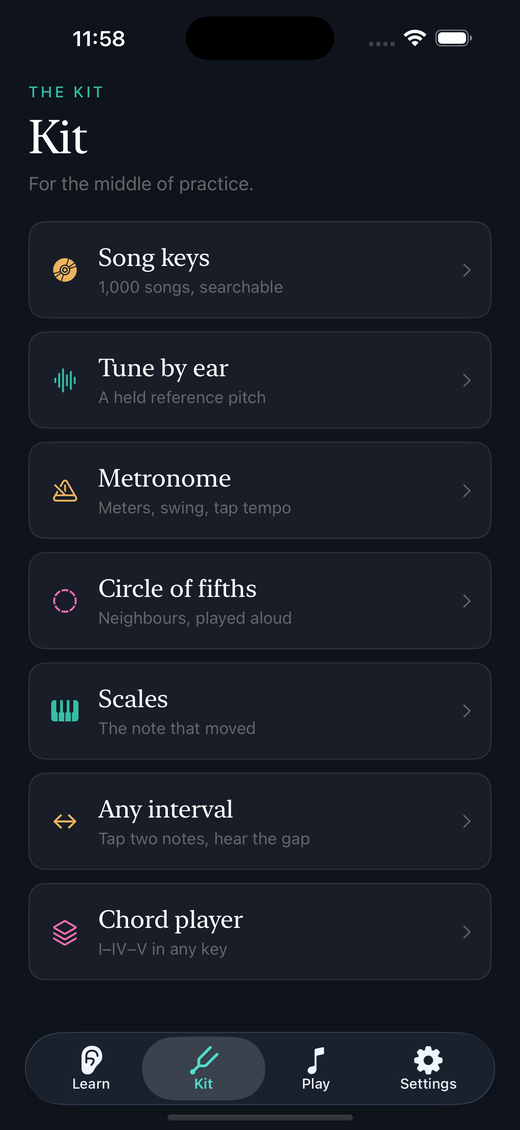 The Kit tab listing song keys, tuner, metronome, circle of fifths, scales and chords.
